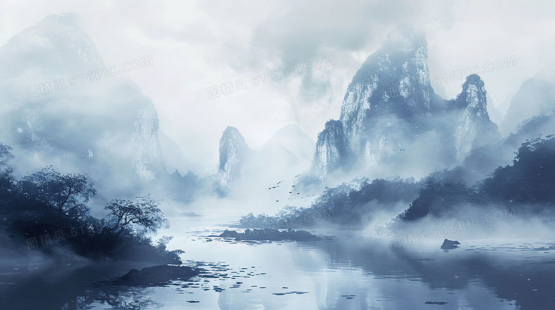 墨色中国风山水云雾美景插画