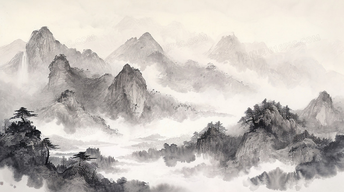 黑白中国风水墨山水风景插画