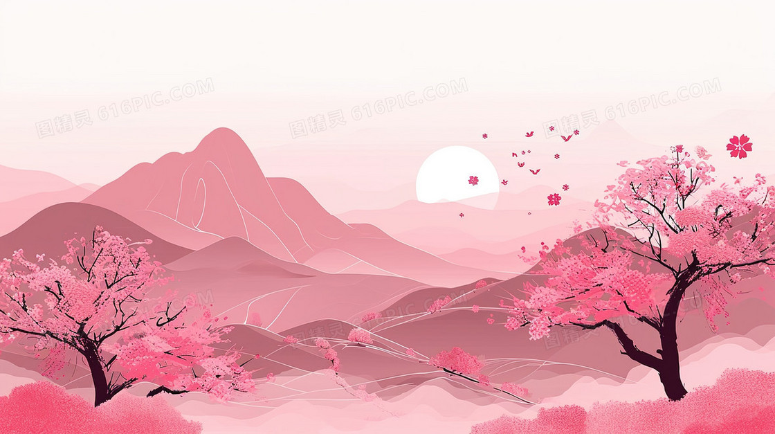 粉色中国风唯美山水风景插画