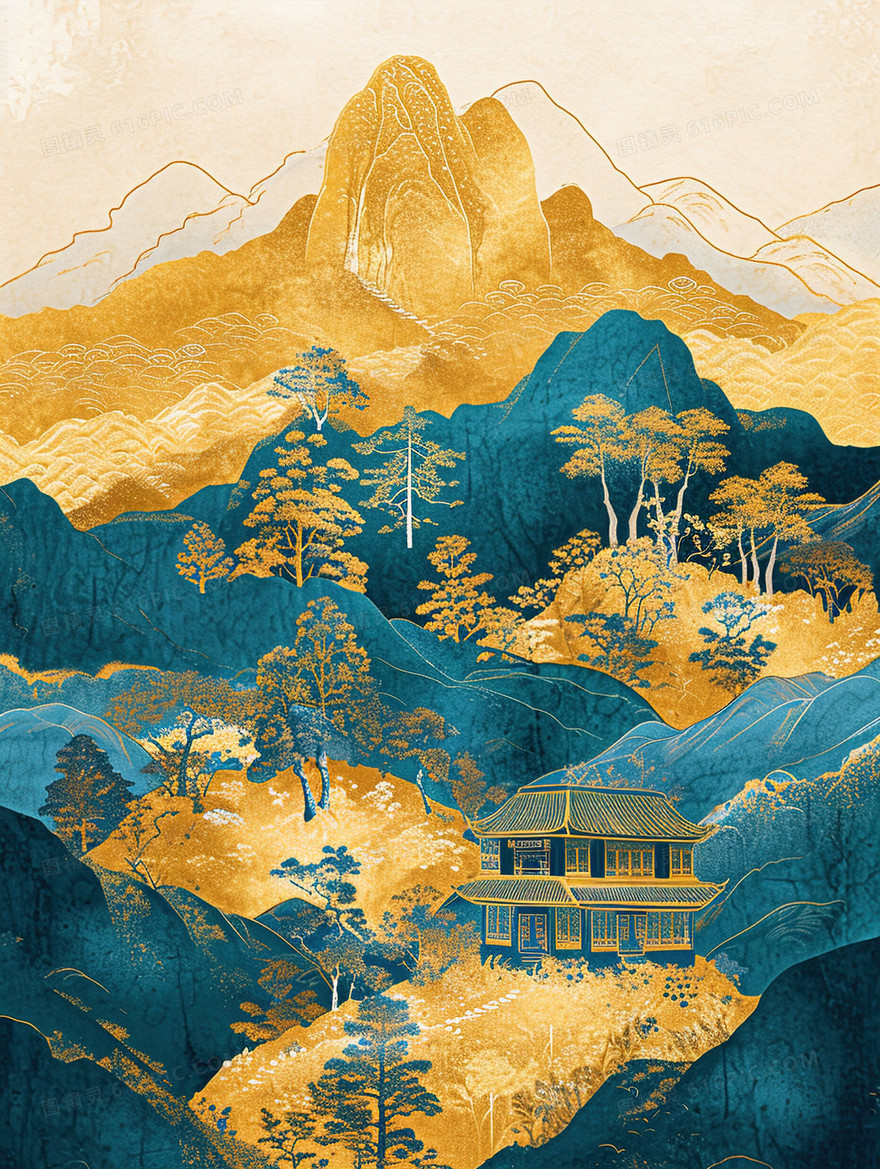 鎏金中国风高山建筑风景插画