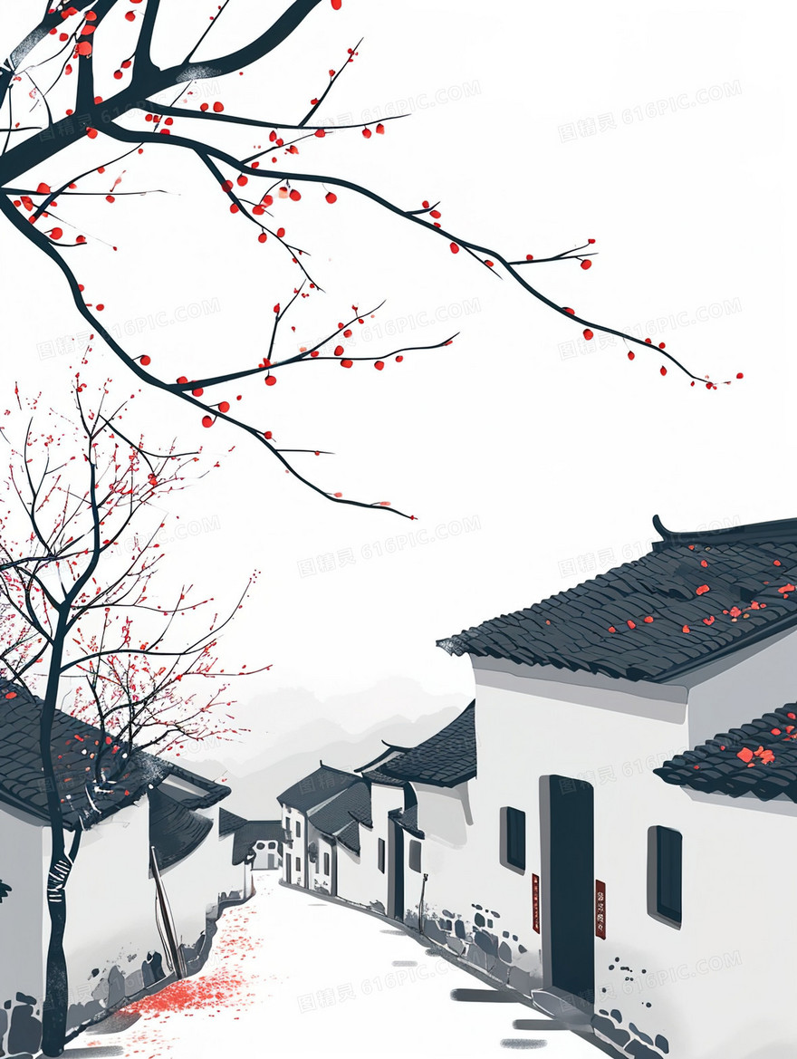 白墙黑瓦古镇建筑风景插画