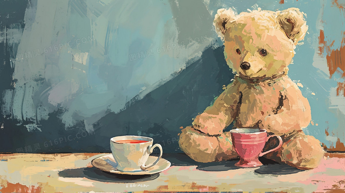 桌上的咖啡和小熊油画插画