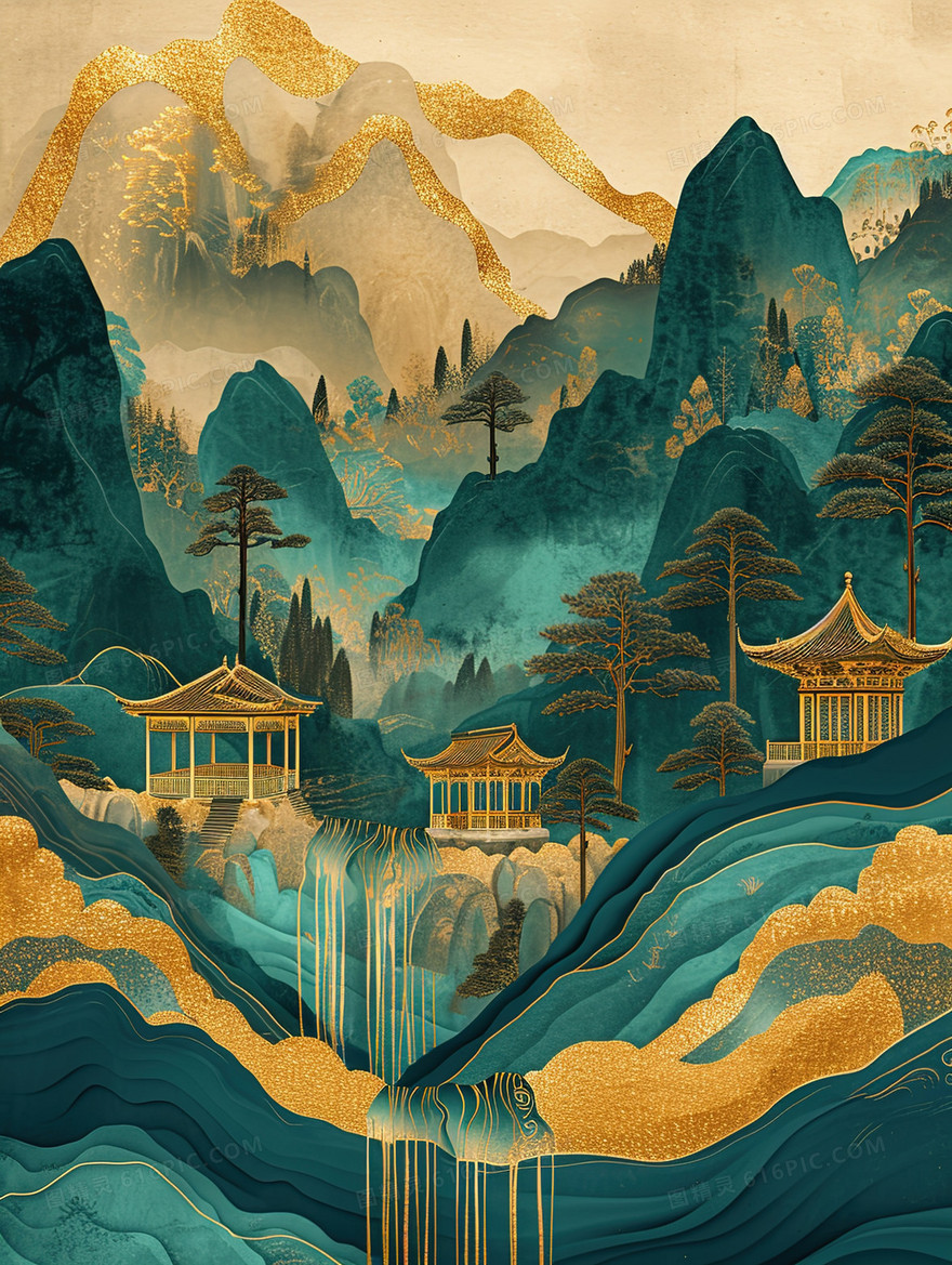 鎏金中国风高山建筑风景插画