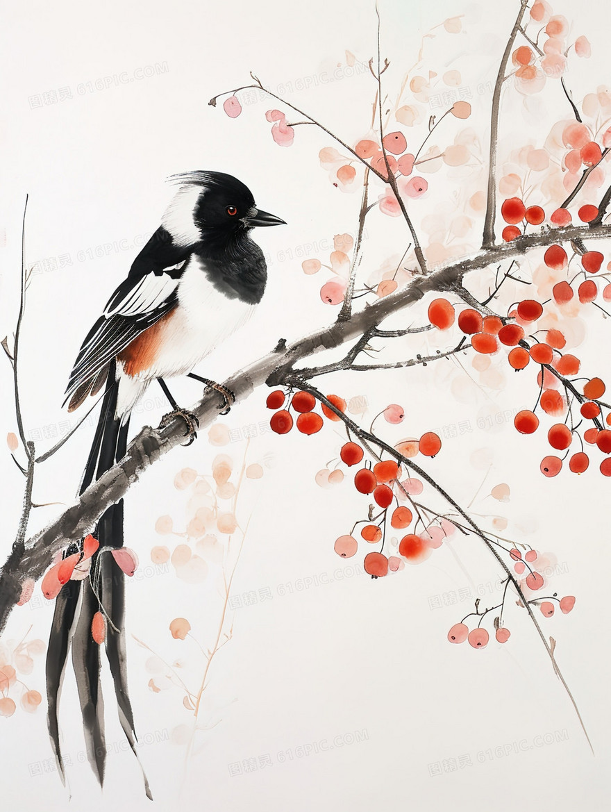 红色果实树枝上的鸟类中国风插画