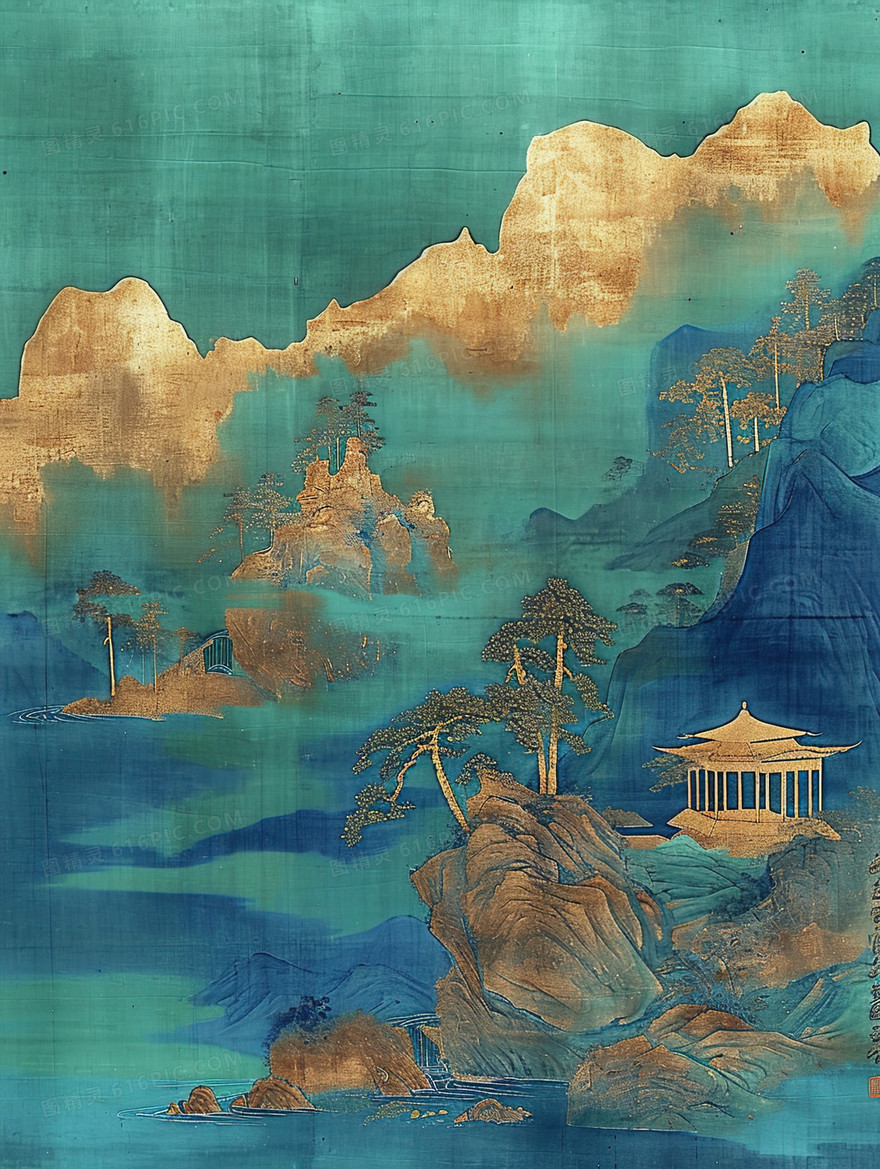 鎏金中国风高山建筑风景插画