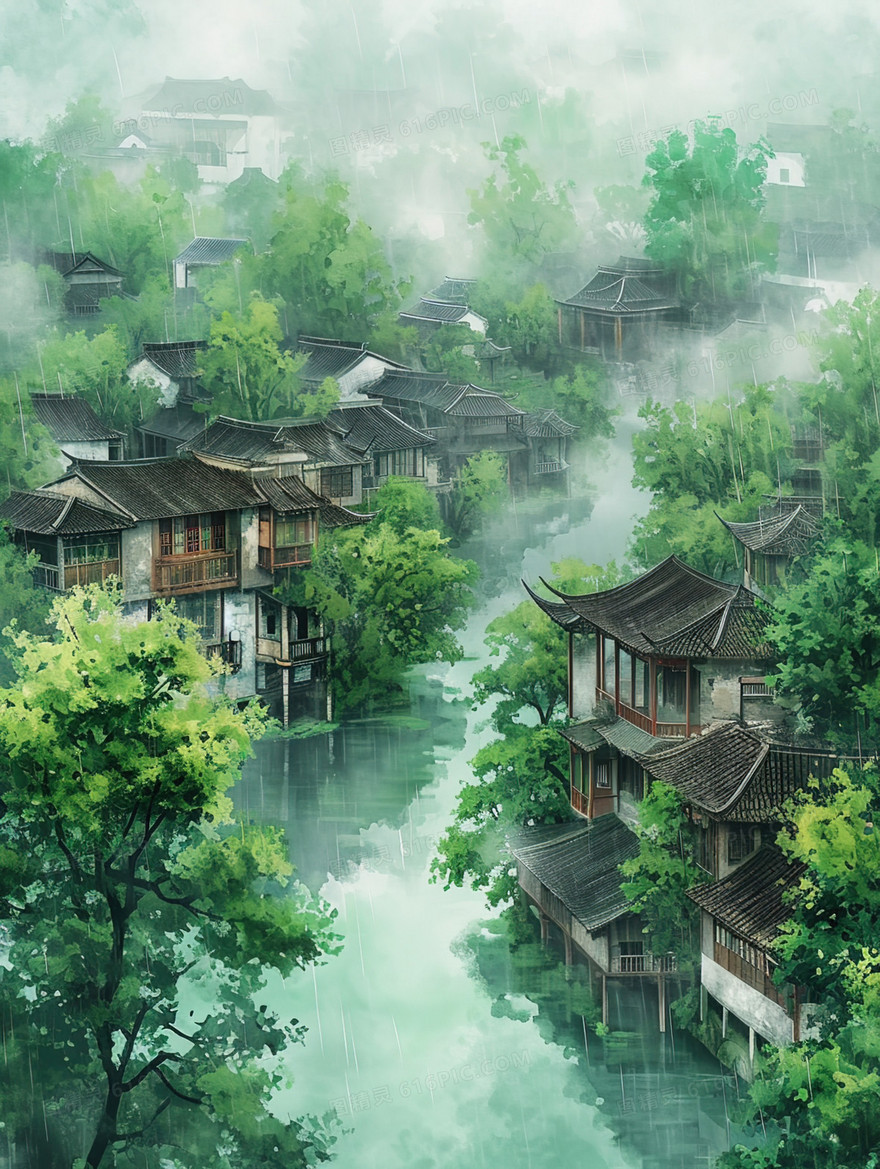 烟雨江南古镇建筑风景插画