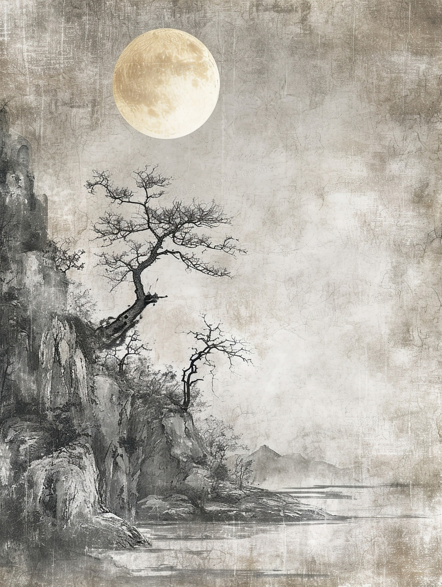 做旧中国风明月山水风景插画
