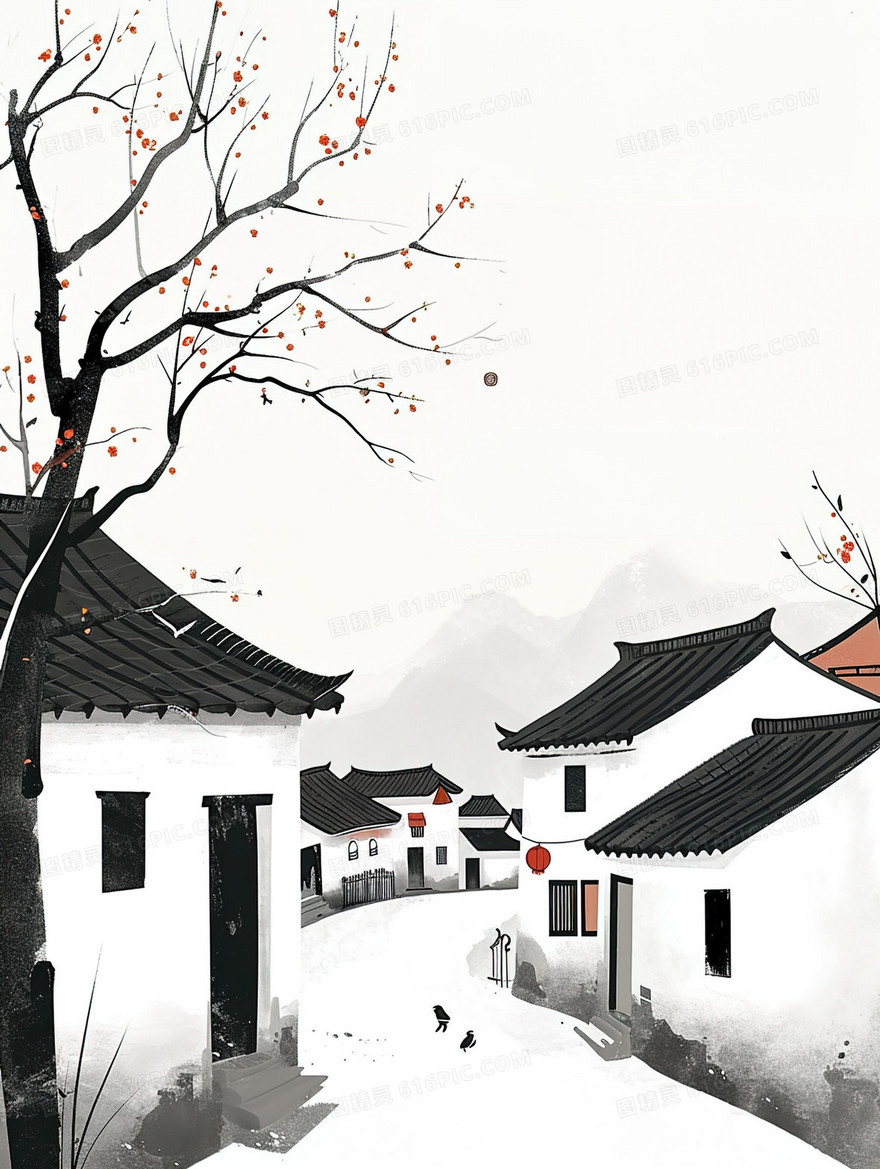 白墙黑瓦古镇建筑风景插画