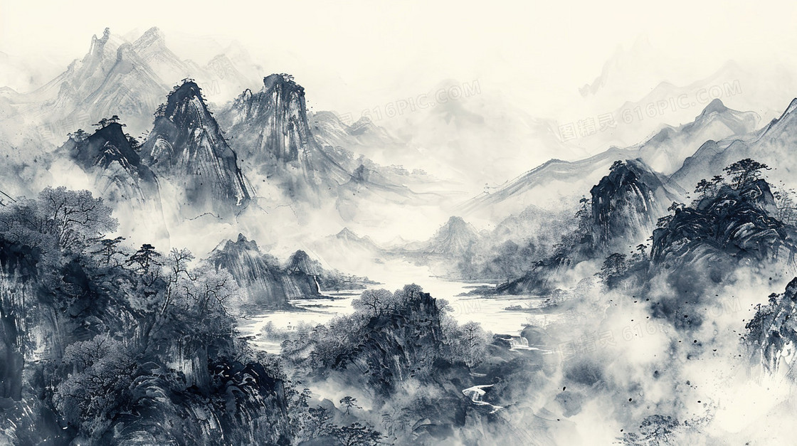 黑白中国风水墨山水风景插画