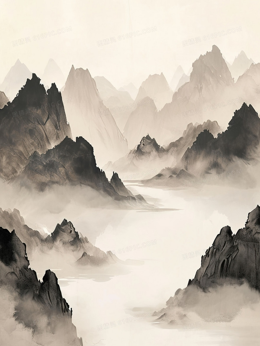 黑白中国风山水美景插画