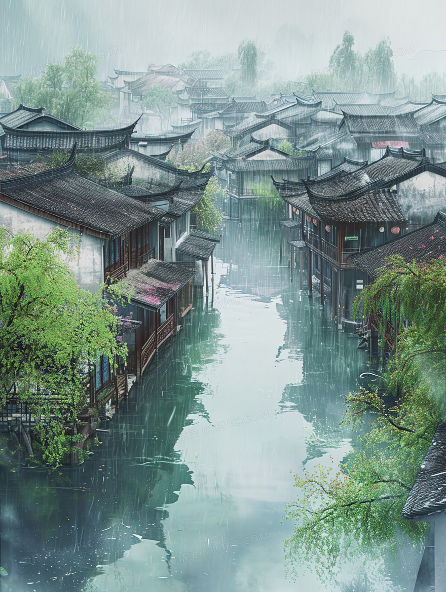 烟雨江南古镇建筑风景插画