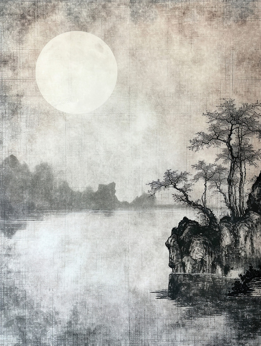做旧中国风明月山水风景插画