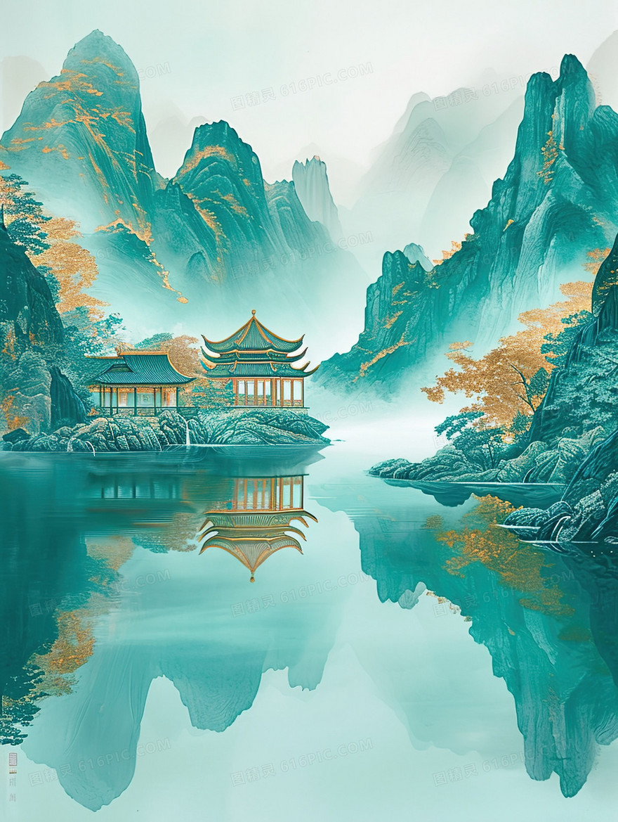 青绿色中国风山水建筑风景插画