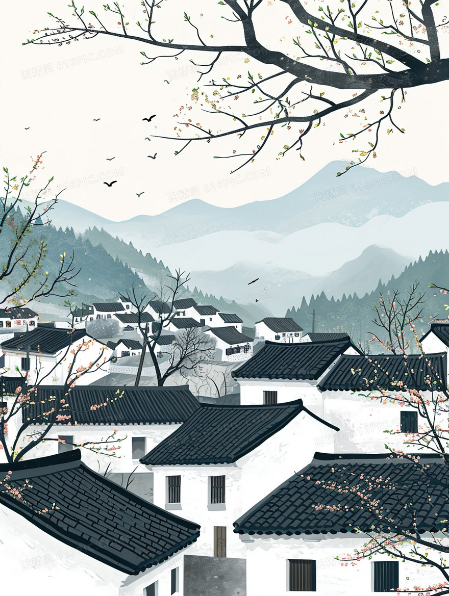 白墙黑瓦古镇建筑风景插画