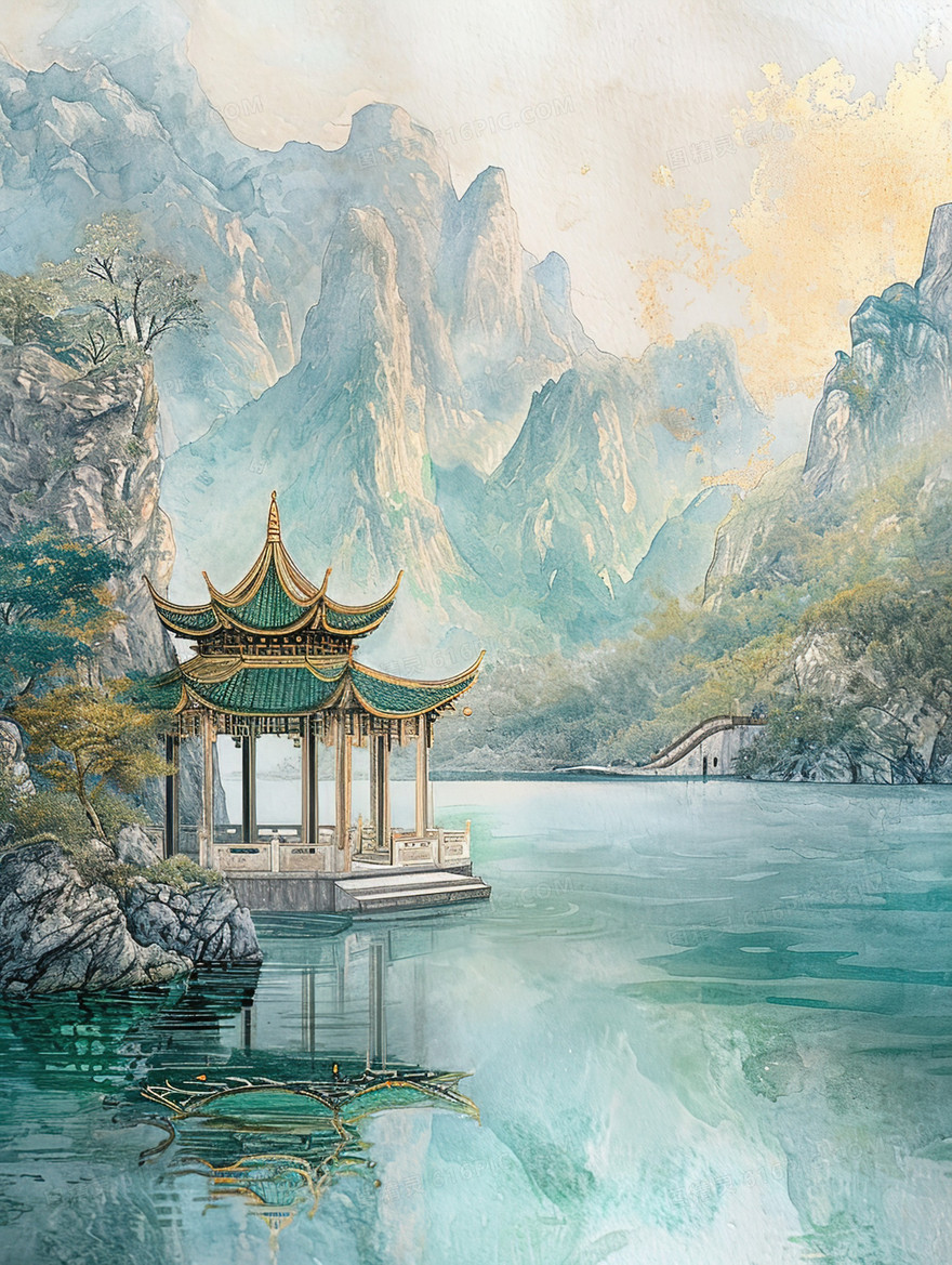 青绿色中国风山水建筑风景插画