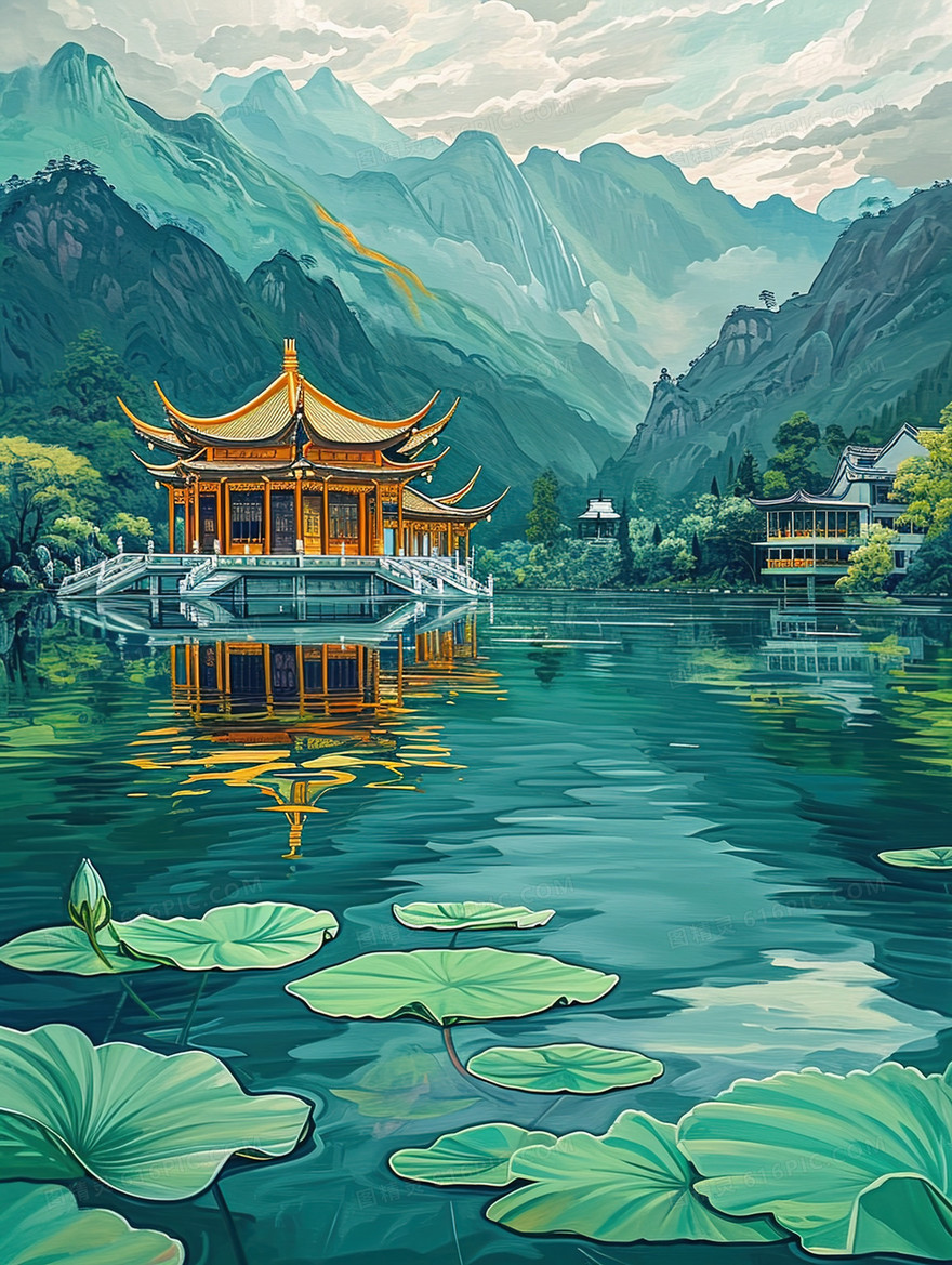 青绿色中国风山水建筑风景插画