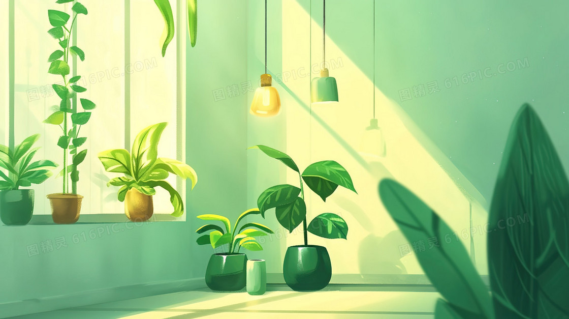 房间绿植盆栽设计摆放场景插画
