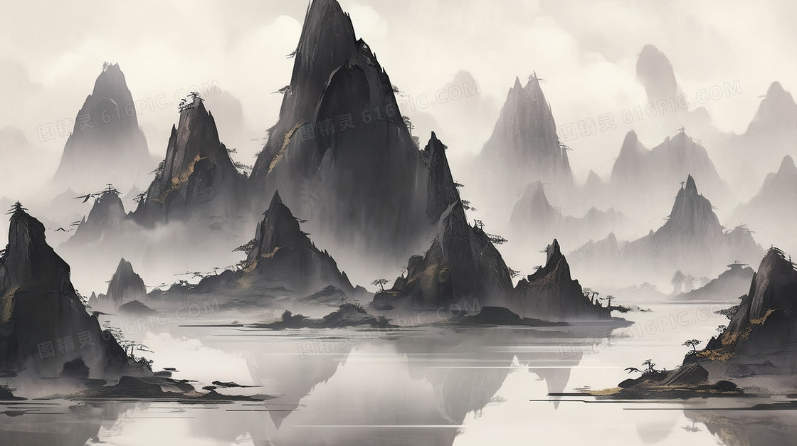 黑白中国风巍峨高山风景插画