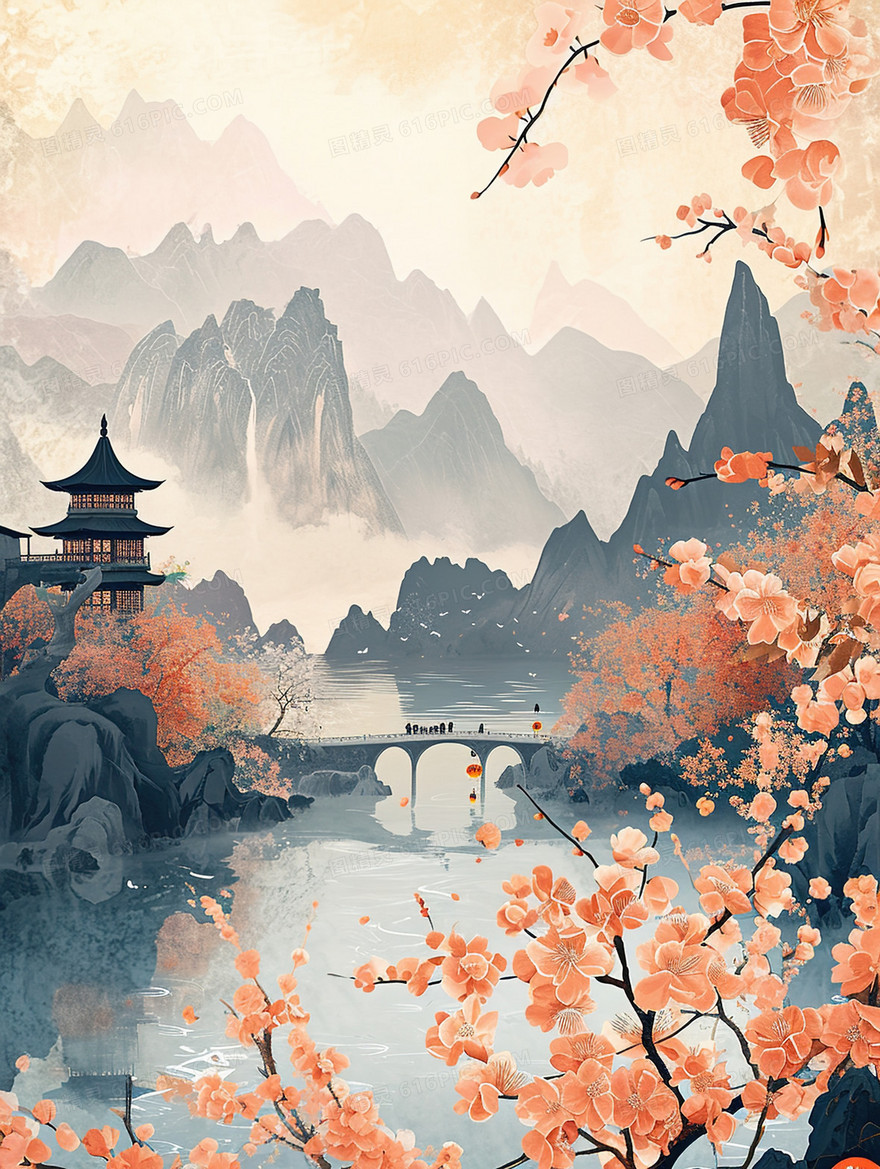 梅花盛开的山水中国古建筑插画