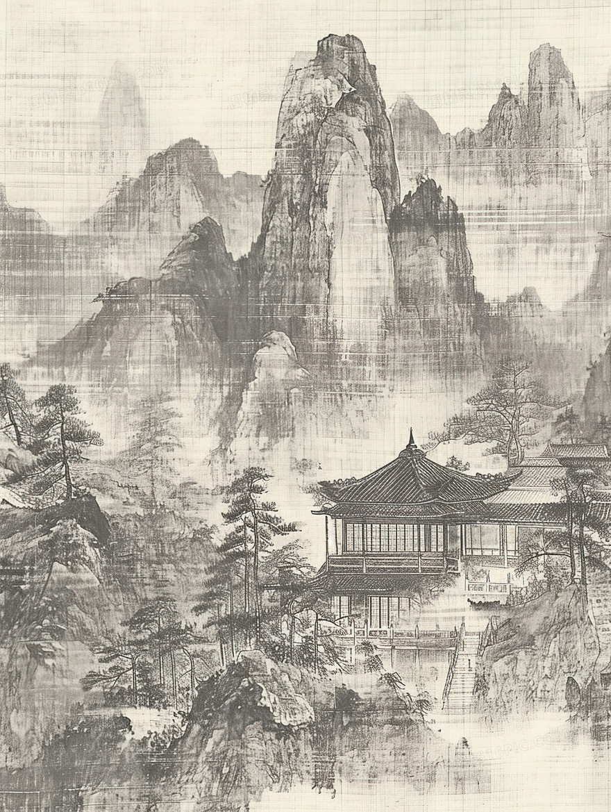 中国丛山中的古建筑水墨插画