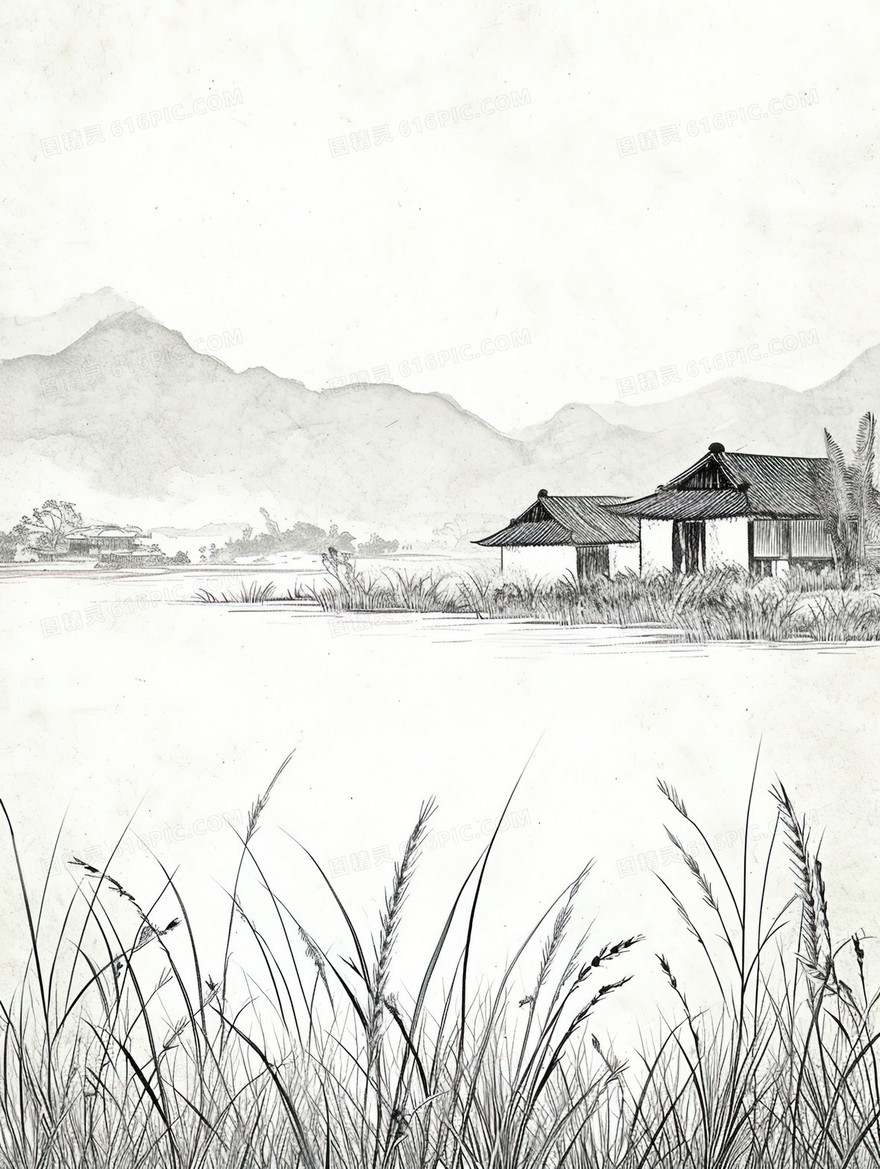 中国传统乡村山水插画