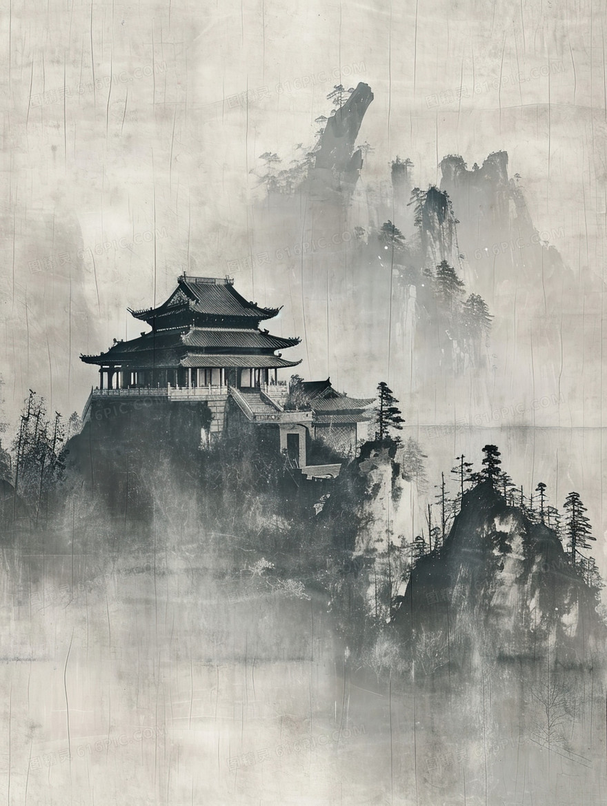 中国丛山中的古建筑水墨插画