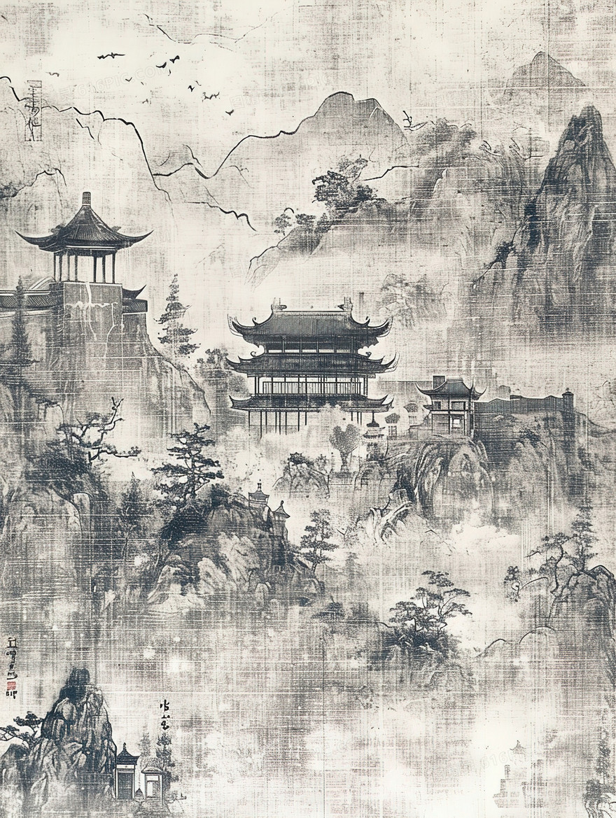 中国丛山中的古建筑水墨插画