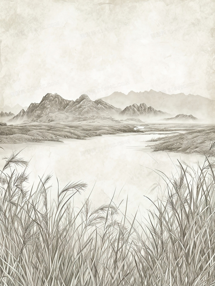 中国传统乡村山水插画
