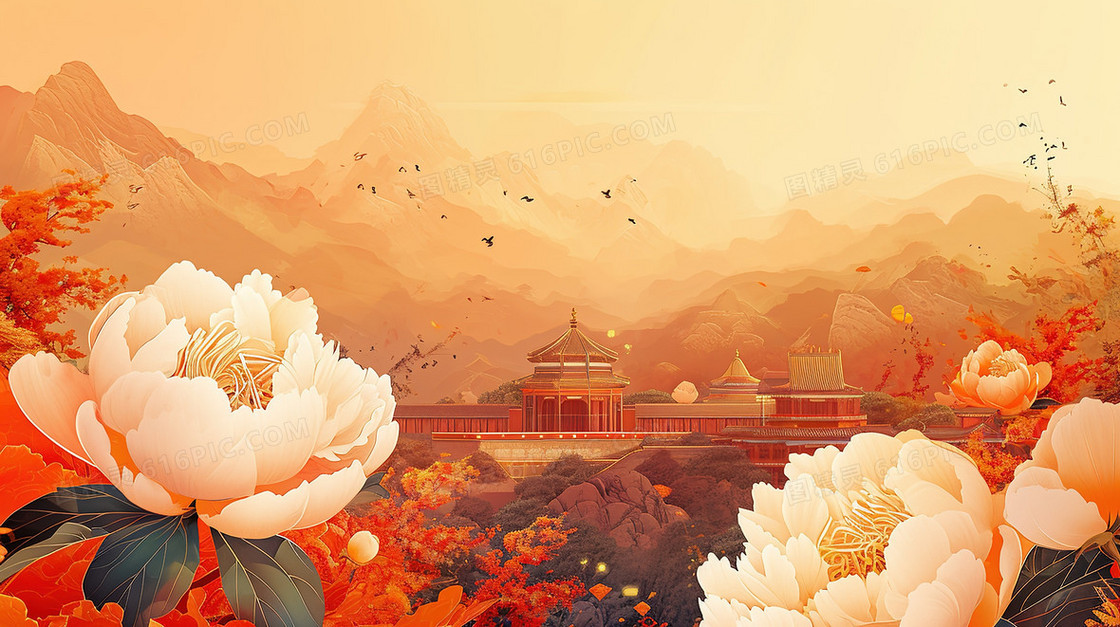 牡丹鲜花装饰工笔画插画