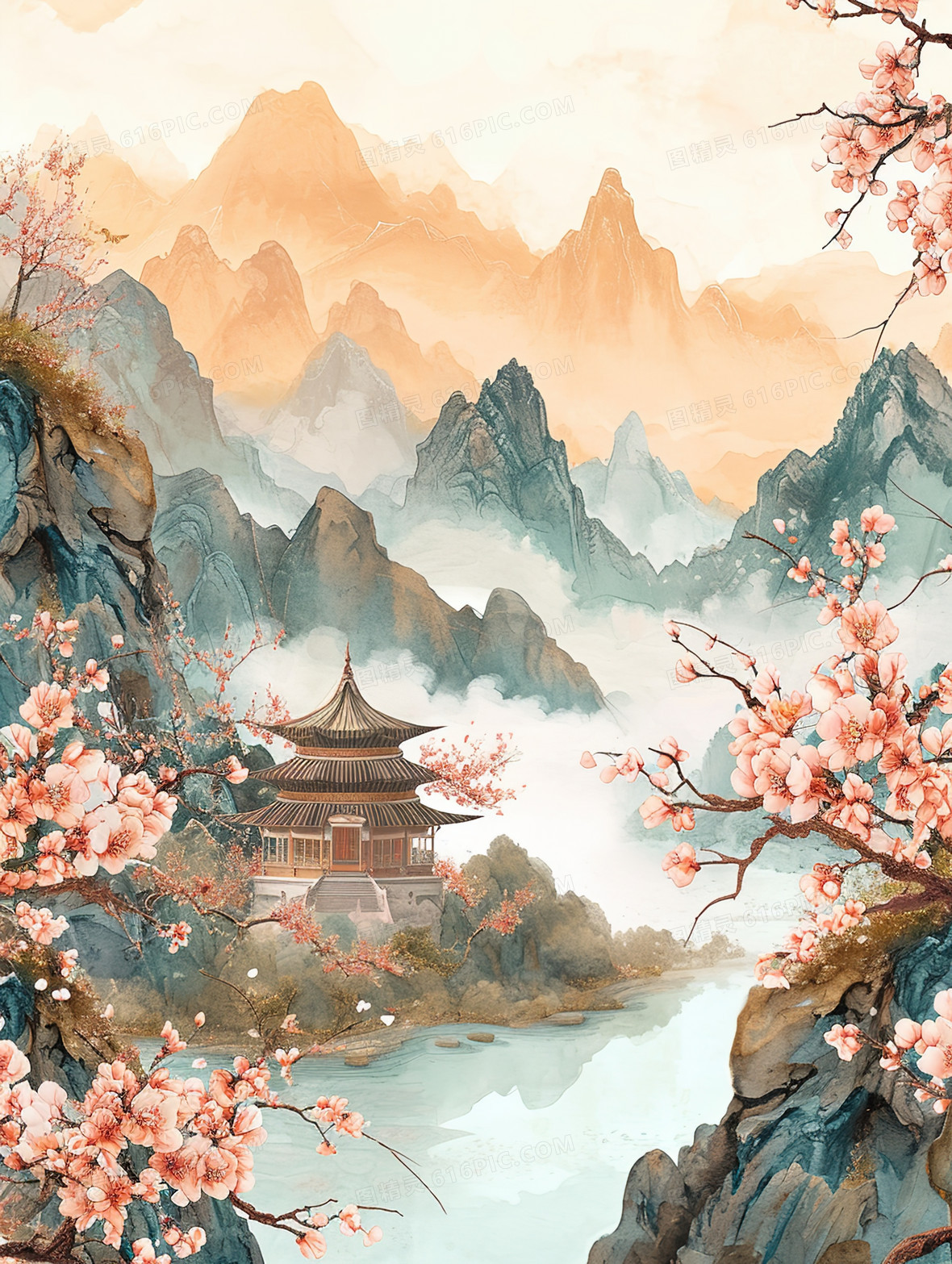 梅花盛开的山水中国古建筑插画背景图片下载_1856x2464像素JPG格式_编号
