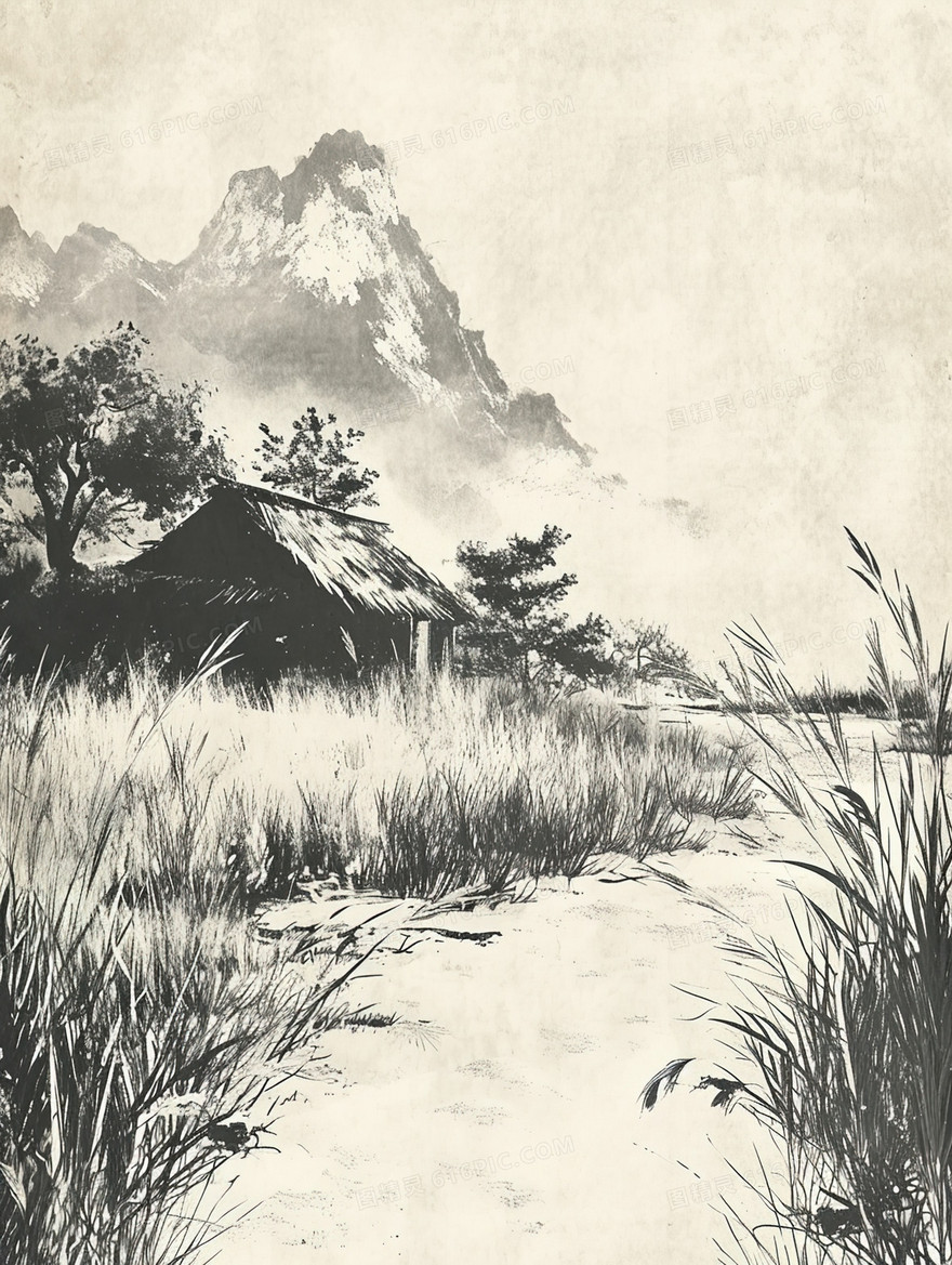 中国传统乡村山水插画