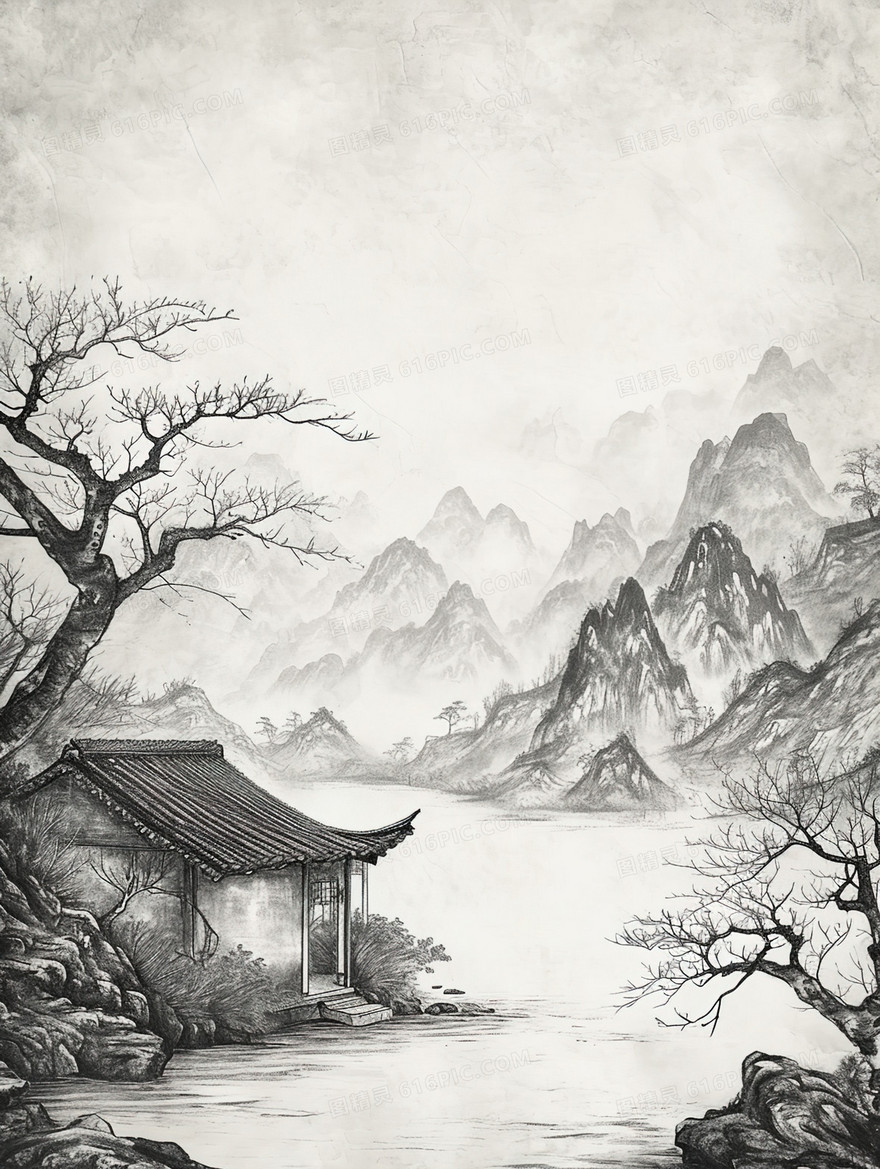 古代中国乡村山水插画