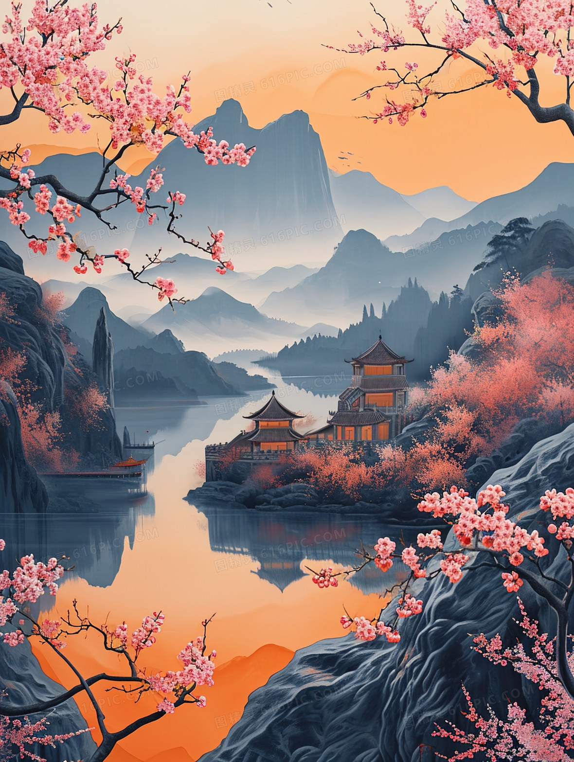 梅花盛开的山水中国古建筑插画背景图片下载_1856x2464像素JPG格式_编号