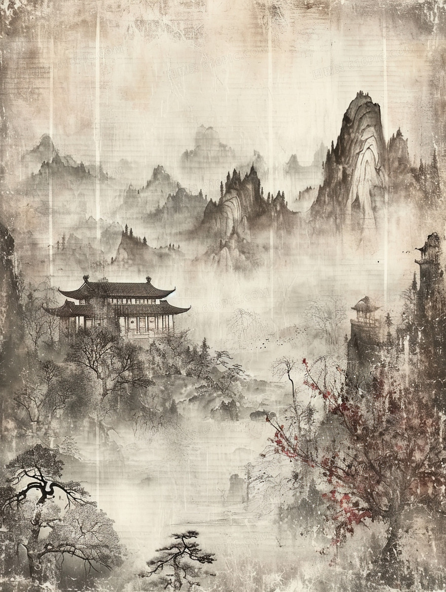 中国丛山中的古建筑水墨插画