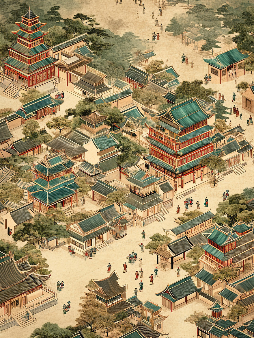 古代城镇繁荣景象敦煌画风插画