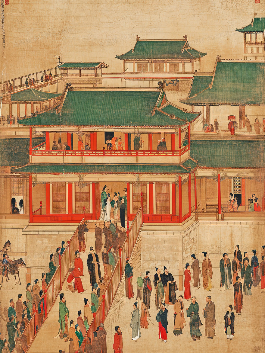 古代城镇繁荣景象敦煌画风插画