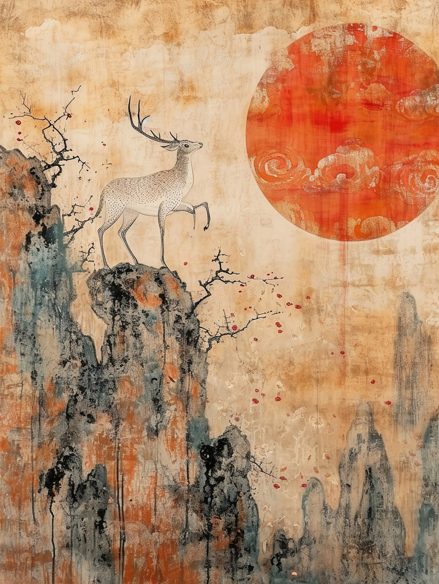 山林里的白鹿敦煌风格插画
