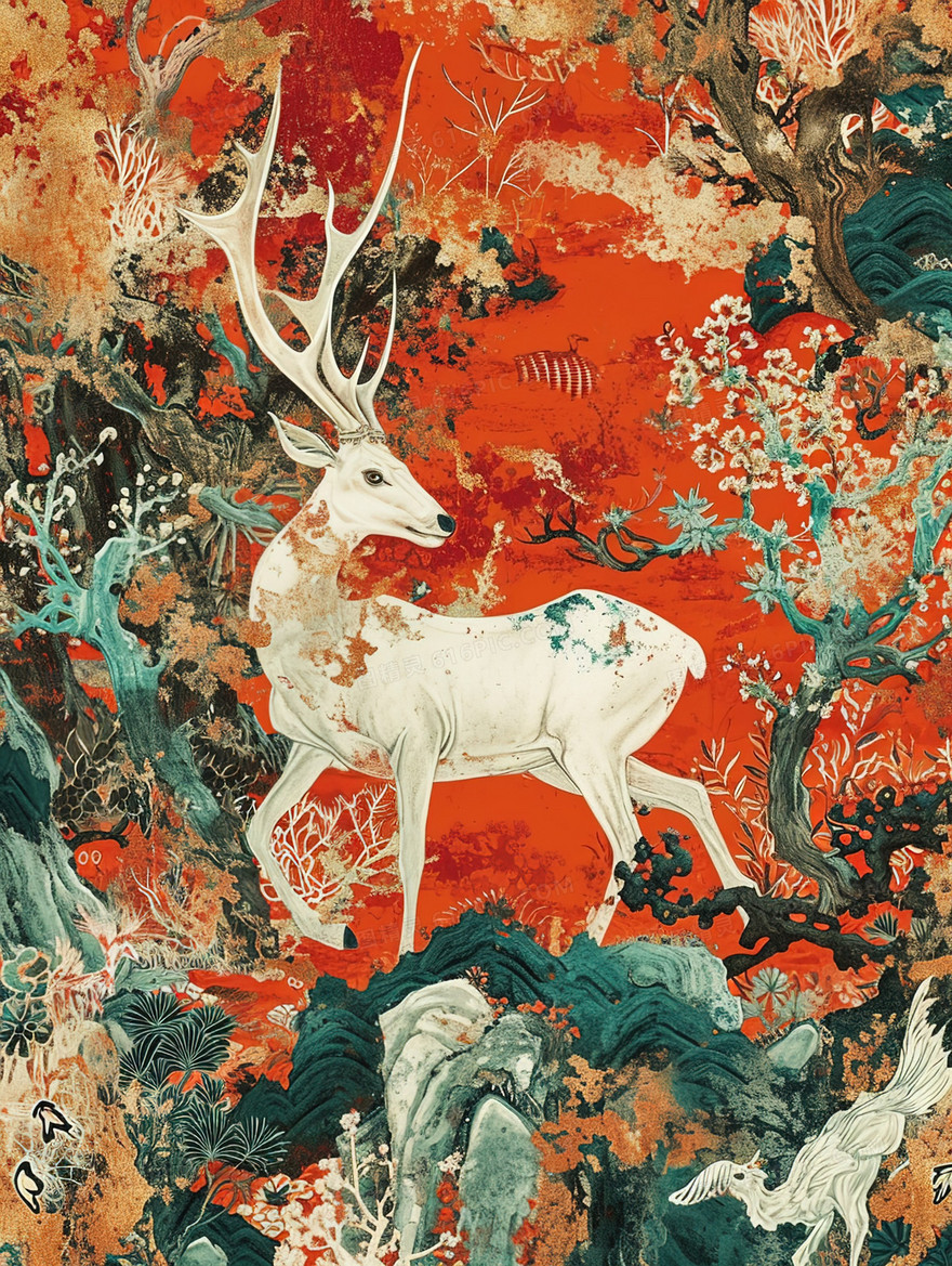 山林里的白鹿敦煌风格插画
