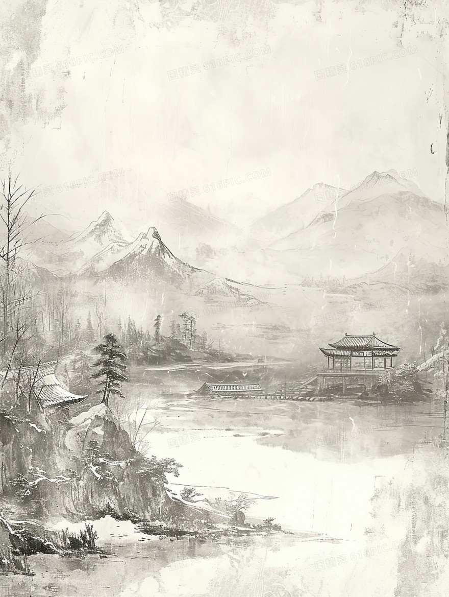 中国传统乡村山水插画