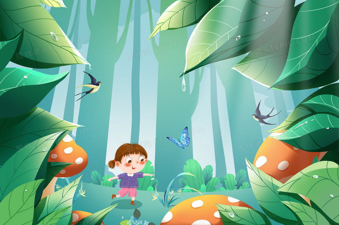 春天小女孩在森林里抓蝴蝶插画