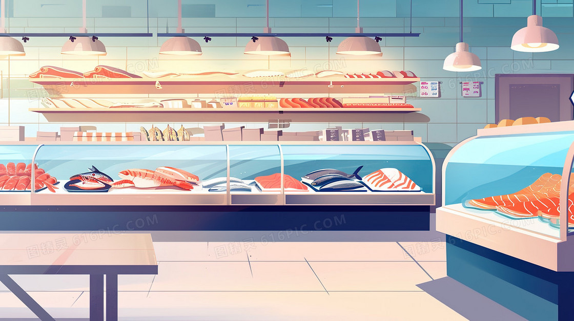 海鲜肉类商铺场景插画