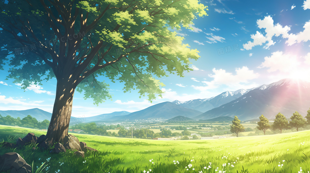 春季山野草地上的大树插画背景图片下载_2912x1632像素JPG格式_编号