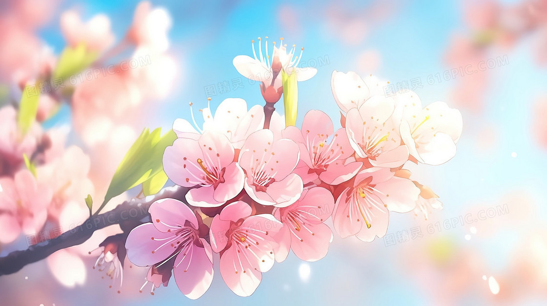 春季盛开的樱花花枝插画
