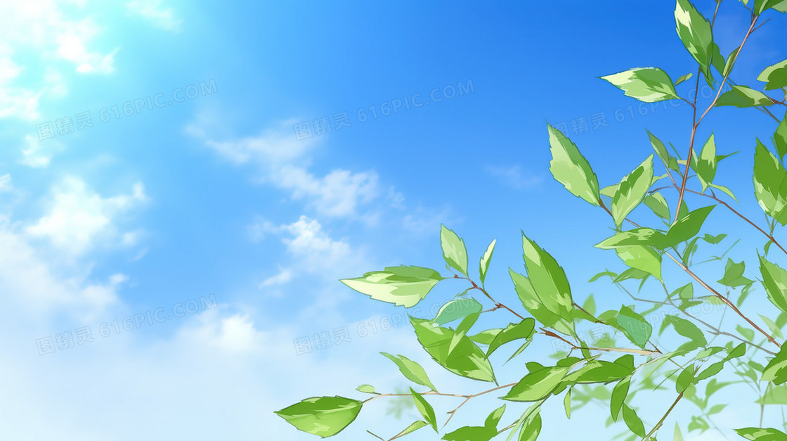 蓝天白云下的绿叶树枝插画