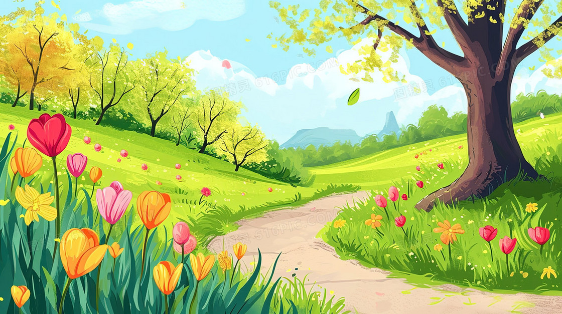 彩色春季盛开的花朵插画