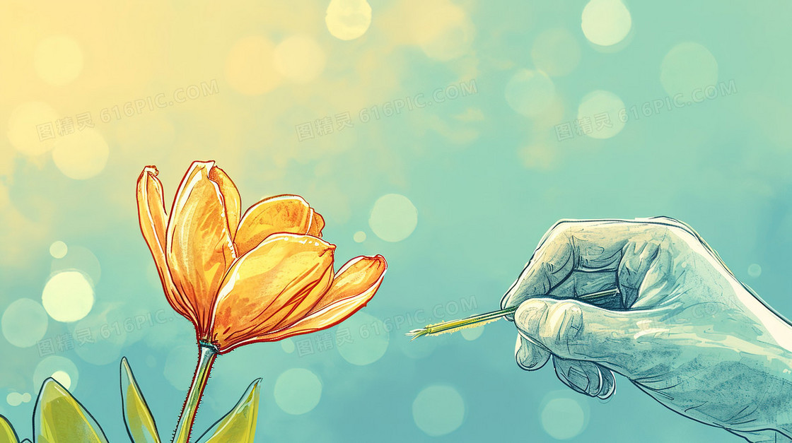 手拿画笔描绘出的植物手绘插画