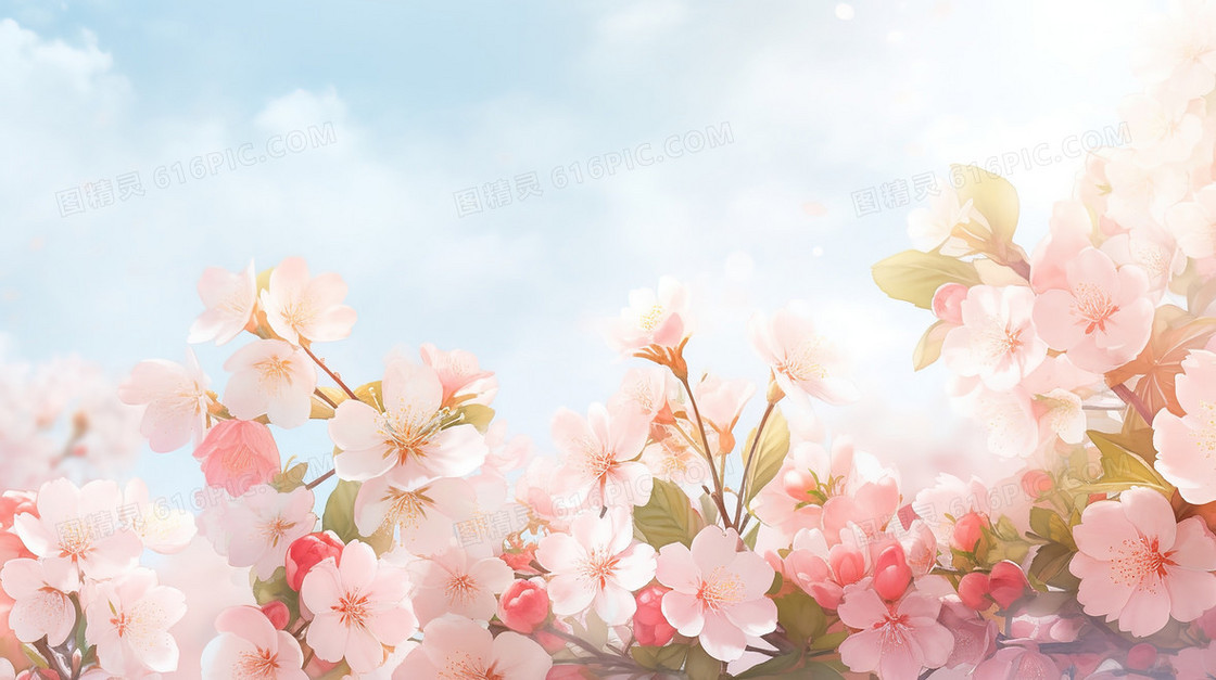 粉色樱花树花枝插画