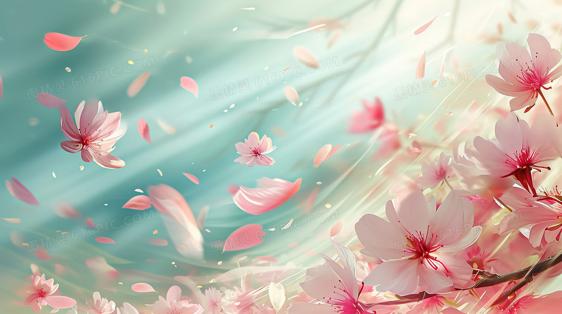 春天纷飞的粉色桃花唯美风景插画