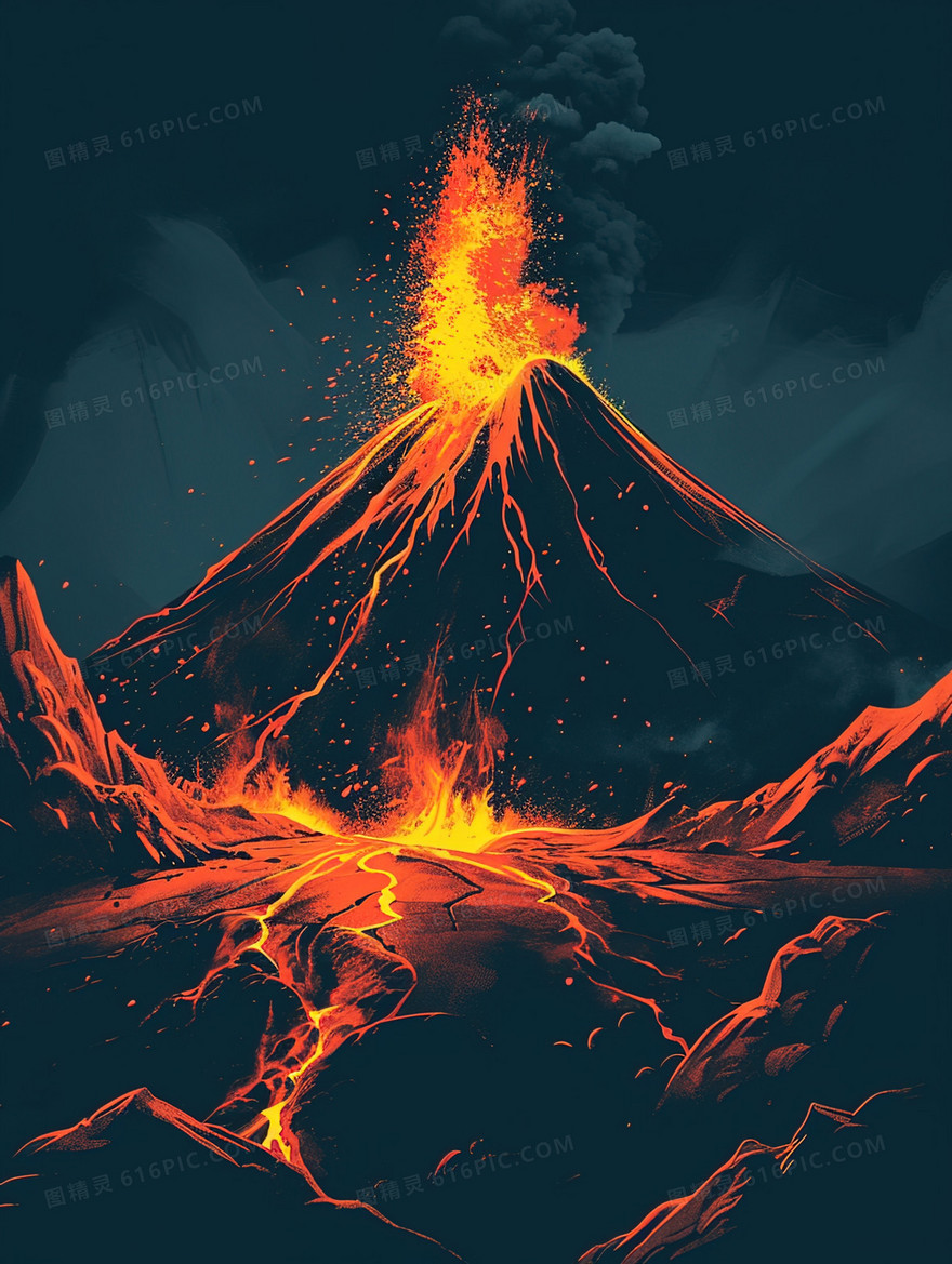 喷发红色岩浆的活火山插画