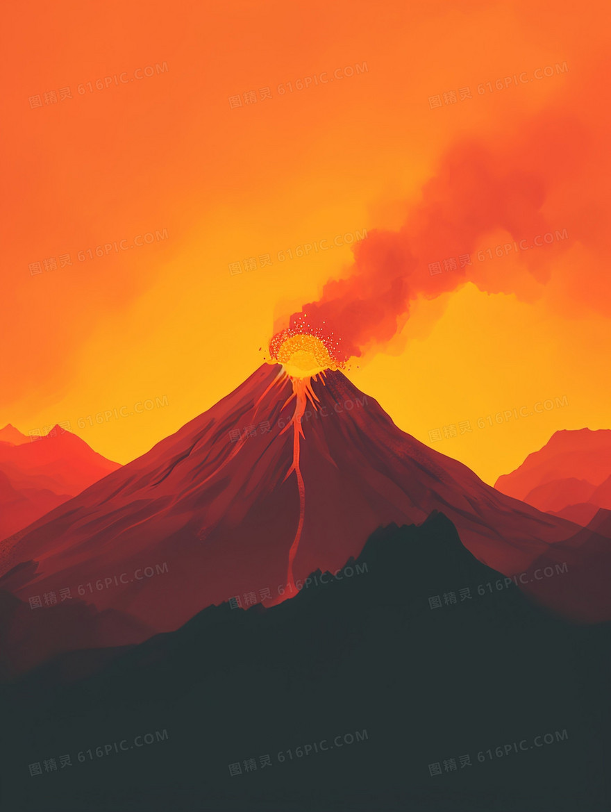 喷发红色岩浆的活火山插画